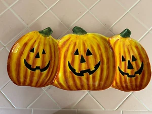Maxcera Orange Jack-O-Lantern 3 Candy Bowl Dish Plate 18.75" Long Pre-Owned - Picture 1 of 7