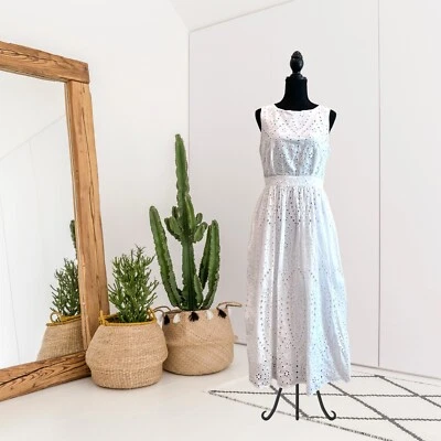 Vestido midi Scoop para mujer S sin mangas espalda baja lazo algodón ojales blanco Foto 1 de 4