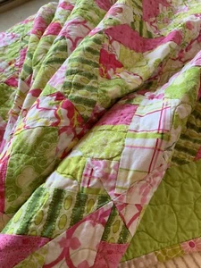 Girls Quilt Blanket Throw Quilt Bright Colors 63x64 Pink Green Hand Made - Picture 1 of 12