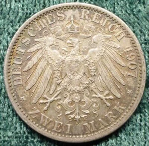 1907 A 90% Silver German 2 Mark Coin, Zwei Mark, Imperial Eagle, Wilhelm II - Picture 1 of 4