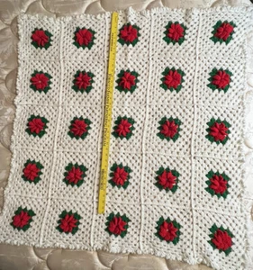 Afghan White 3D Red Flower Granny Throw 42x42” Handmade Crocheted Ruffled Edge - Picture 1 of 9