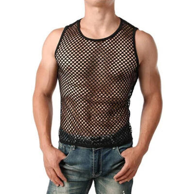 Men Fishnet Mesh See-Through Vest Tank Top Shirt Punk T-shirts Sleeveless Casual - Image 1 of 4