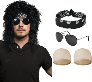 Rock Star Wig Set, 5Pcs Mullet Fancy Dress Curly Wig 70S 80S Costume Accessories - Picture 1 of 8