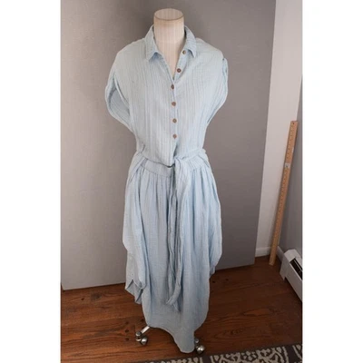 Free People Endless Summer Gauze Midi Dress Medium Blue Button Down Tie Waist - Image 1 of 4