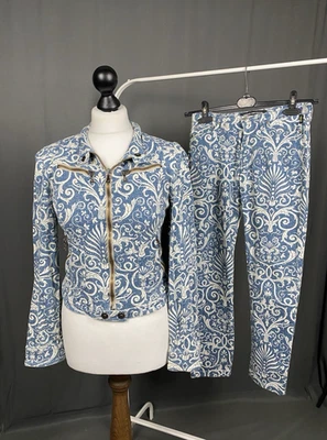 Terno Calça Estilo Motociclista Versace Jeans Couture Paisley Vintage Azul 2 Peças Tamanho XS - Imagem 1 de 4