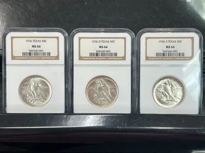 1936 P D & S Texas Centennial Commemorative Silver Half Dollar Set NGC MS66 E215 - Image 1 of 4