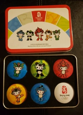 Beijing 2008 Olympics Official 6 Mascot Pin / Button Collectible Set with Tin - Image 1 of 4