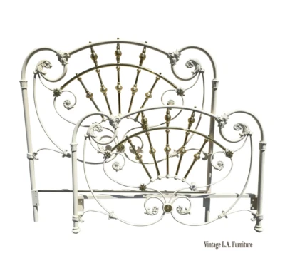 Vintage French Elliott's Designs White Iron Full Bedframe Headboard w Fb #5 - Image 1 of 4