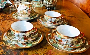 Antikes japanisches Satsuma Eierschale handbemalt Porzellan 12-teiliges Teeservice - Bild 1 von 4