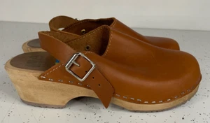 Womens MIA Alma Clog Brown Luggage Leather Wood Slingback Swedish 38 US 7.5/8 - Picture 1 of 11