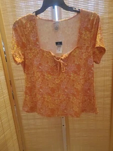 Rue21 Plus Orange Floral Short Sleeve Blouse Juniors Size 2X Tie Front G3800 - Picture 1 of 9