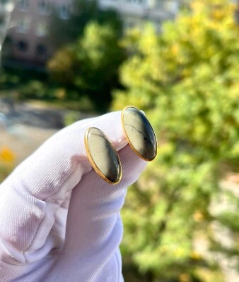 复古苏联镀金袖扣男式珠宝苏联带天然石材 — 第 1/4 张图片