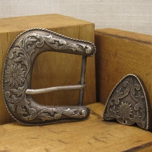 Large Sterling Silver Floral Design Buckle Set stamped S.Fe + - Picture 1 of 3