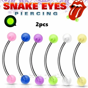 2pcs. Steel Curved Barbell Tongue Snake-Eyes Piercing with Glow In The Dark Ball - Picture 1 of 4