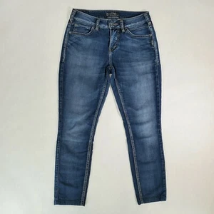 Pantalones de mezclilla plateados para mujer Aiko tiro alto ajustados elásticos al tobillo lavado oscuro talla 28 - Imagen 1 de 9