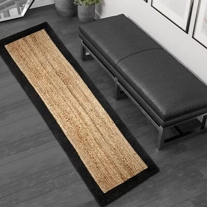 Runner Rug Jute Black Border Handmade 100% Natural Rustic Look Braided Carpet - Picture 1 of 11