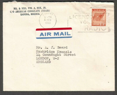 Nigeria 1966 cover American Consuate USAID Kaduna to Hawkridge Kennels London UK - Image 1 of 2
