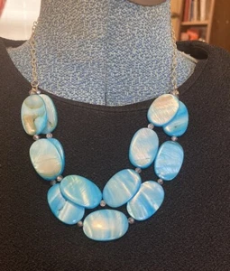 Large Statement Oval Shell Turquoise Bib Clear Rhinestone Necklace 10” - Picture 1 of 5