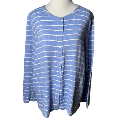 C&C California 100% Linen Blue & White Striped Top Blouse Long Sleeve Sz Large - Image 1 of 4