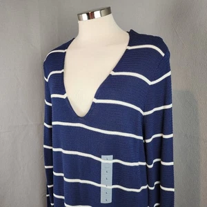 OLD NAVY Sweater Women's Large Blue Striped Long Sleeve V Neck Knit Pullover NWT - Picture 1 of 15