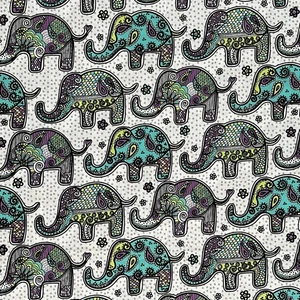 24" Joann Elephant Aqua Purple White Gray Dot Boho Animal Print Cotton Fabric - Picture 1 of 6