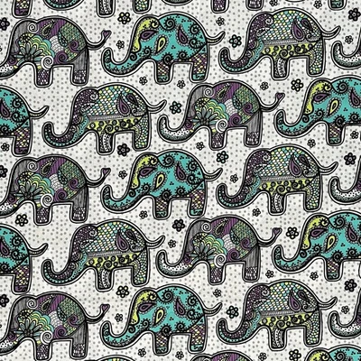 24" Joann Elephant Aqua Purple White Gray Dot Boho Animal Print Cotton Fabric - Image 1 of 4