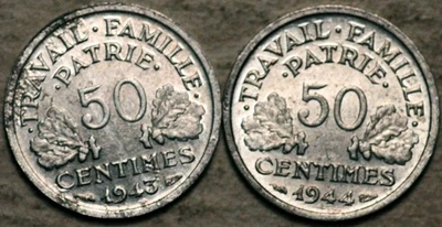 1943 + 1944-B FRANCIA LOTE DE DOS MONEDAS 50 CÉNTIMOS (¡SIN CIRCULAR!) Foto 1 de 2