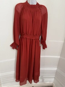 Chelsea28 Dress Smocked Rust Red Long Sleeve MIDI/long Flowy Fall Holiday New S - Picture 1 of 12