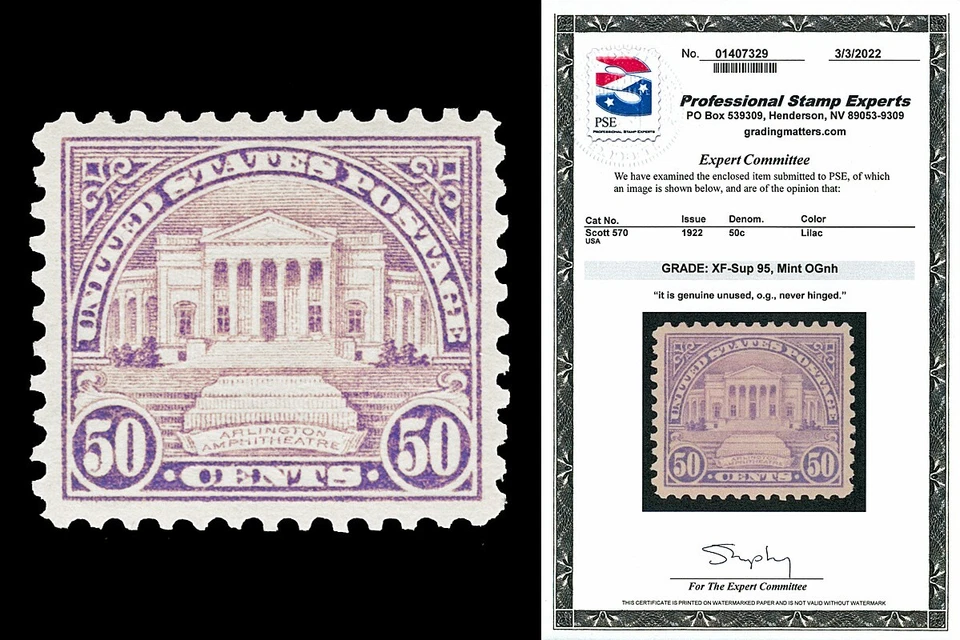 Scott 570 1922 50c Arlington Issue Mint Graded XF-Sup 95 NH with PSE CERTIFICATE - Image 1 of 1