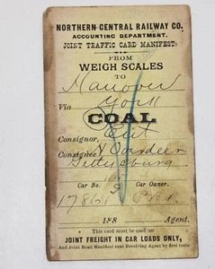 Escalas de carga de carbón manifiesto tarjeta ferroviaria central del norte de la década de 1880 de tráfico conjunto - Imagen 1 de 4