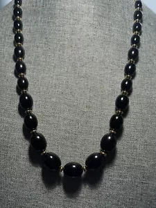 Vintage Signed Napier Black & Gold Tone Graduated Beaded Necklace 28" Long - Picture 1 of 4