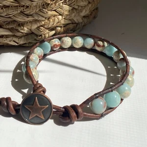 Men's Aqua Terra Jasper Beaded Brown leather Bracelet 8mm handmade - Picture 1 of 2