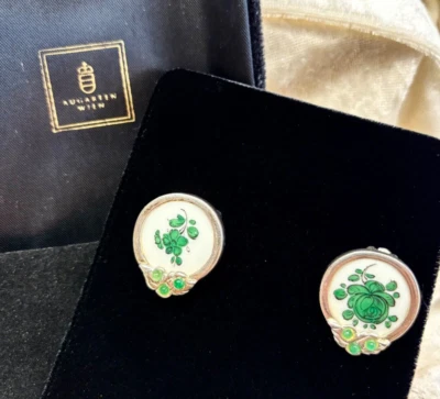Ohrclips Ohrringe Augarten Wien Blumen, Porzellan, Sterlingsilber, Smaragde - Bild 1 von 4