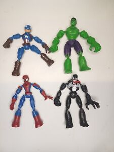 Hasbro Bend & Flex Spiderman Marvel & Capt America,Hulk, Venom Figures Lot of 4