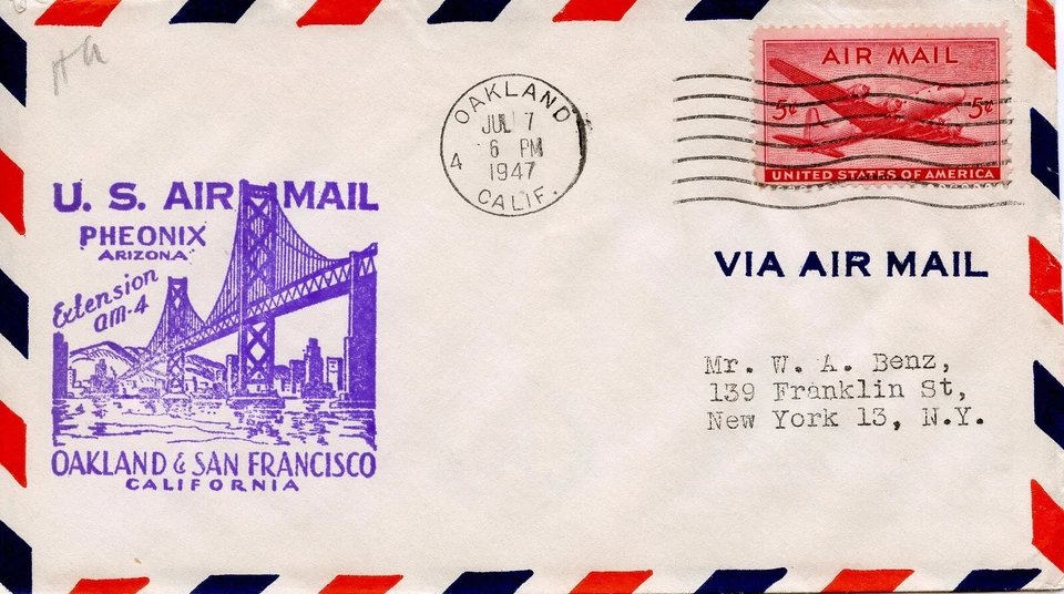 FIRST FLIGHT   OAKLAND - PHOENIX AM-4  1947 FDC1399 - Image 1 of 1
