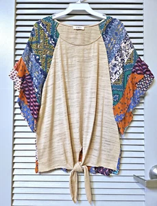 taupe Patchwork Print cntr Rüschen Slev Top XL mit Anthropologie Ohrringen - Bild 1 von 3