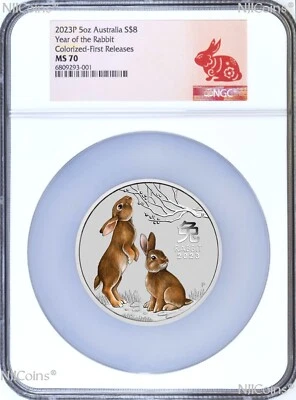 2023 Australia Silver Colorized Lunar Year of the RABBIT 5oz $8 Coin NGC MS70 FR - Image 1 of 2
