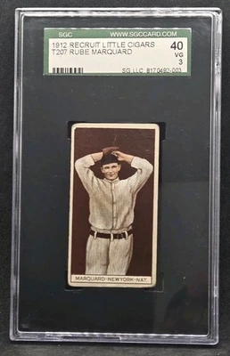 T207 Brown Background 1912 Recruit Little Cigars RUBE MARQUARD HOF Card SGC 3 VG - Image 1 of 2