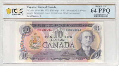 1971 T/C0000003 Bank of Canada BC-49c $10 Note PCGS 64 PPQ CUNC Top #1 @#1382. - Image 1 of 2