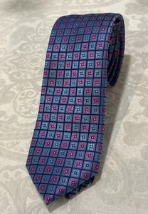 *ALAN FLUSSER Men's Silk Necktie 3" x 59” Blue Pink Purple Green Geometric Tie* - Picture 1 of 13