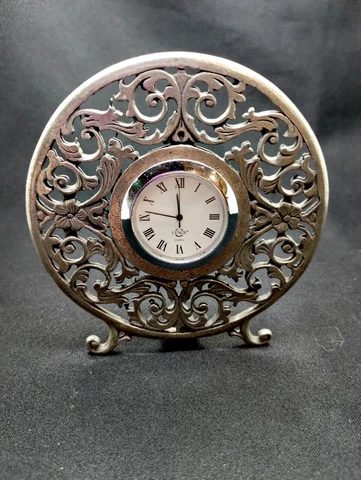 Vintage Kirk Stieff Pewter Clock Desk Tabletop Art Deco Ornate Filigree Cover