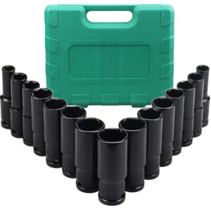 1/2 Inch Drive Deep Impact Socket Set Metric 15 Pcs 6-Point CR-V Steel 8mm-24mm - Picture 1 of 9
