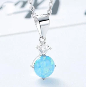 Classic Round Blue Fire Opal Zirconia 925 Sterling Silver Necklace Pendants - Picture 1 of 5