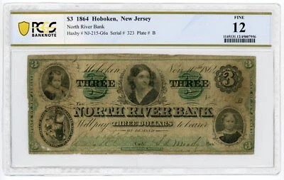 1864 $3 The North River Bank - Hoboken, NEW JERSEY Note PCGS Fine 12 - Image 1 of 3