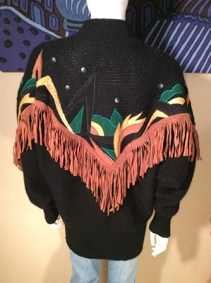 Cardigã suéter vintage preto mistura de lã multicolorido camurça e pele de cobra tamanho P - Imagem 1 de 4