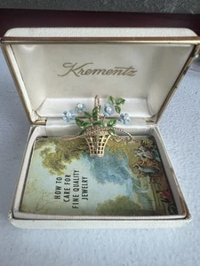 Vintage Krementz Forget Me Not Enamel Genuine Pearl Flower Golden Basket Brooch - Picture 1 of 14