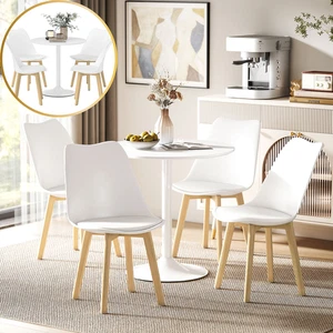 80cm Modern Dining Set with 4 PU Padded Chairs and Solid Wood Legs White Finish - Picture 1 of 8