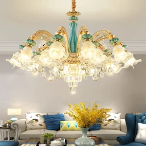 Chandelier Genuine K9 Crystal Blue Ceramic Gold Metal Arms Pendant Ceiling Lamp - Picture 1 of 16