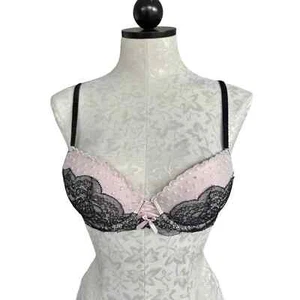 Victoria's Secret Dream Angels Lined Demi Bra Pink Swiss Dot Black Lace Size 34B - Picture 1 of 12