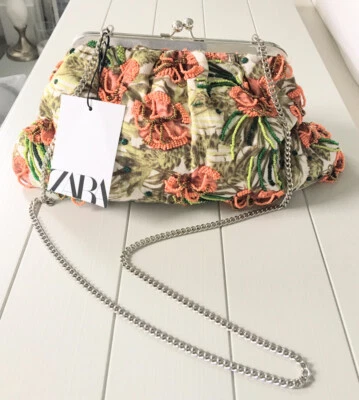 Zara Floral Multi-Print & Beaded Crossbody Metal Chain Link Bag BNWT LAST ONE - Image 1 of 4